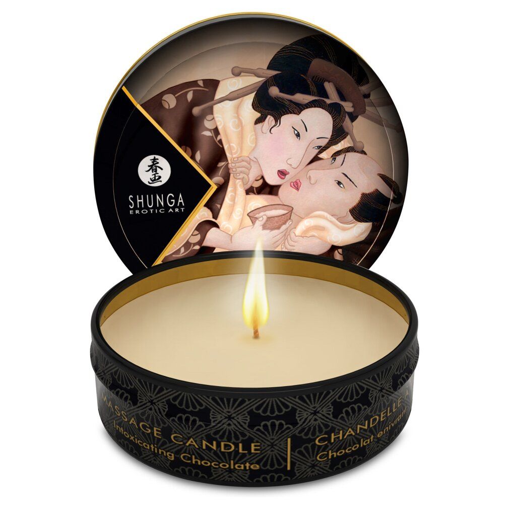 Shunga Massage Candle, Duft: Intoxicating Chocolate. Mit Flamme. Deckel mit erotischer Kunst.