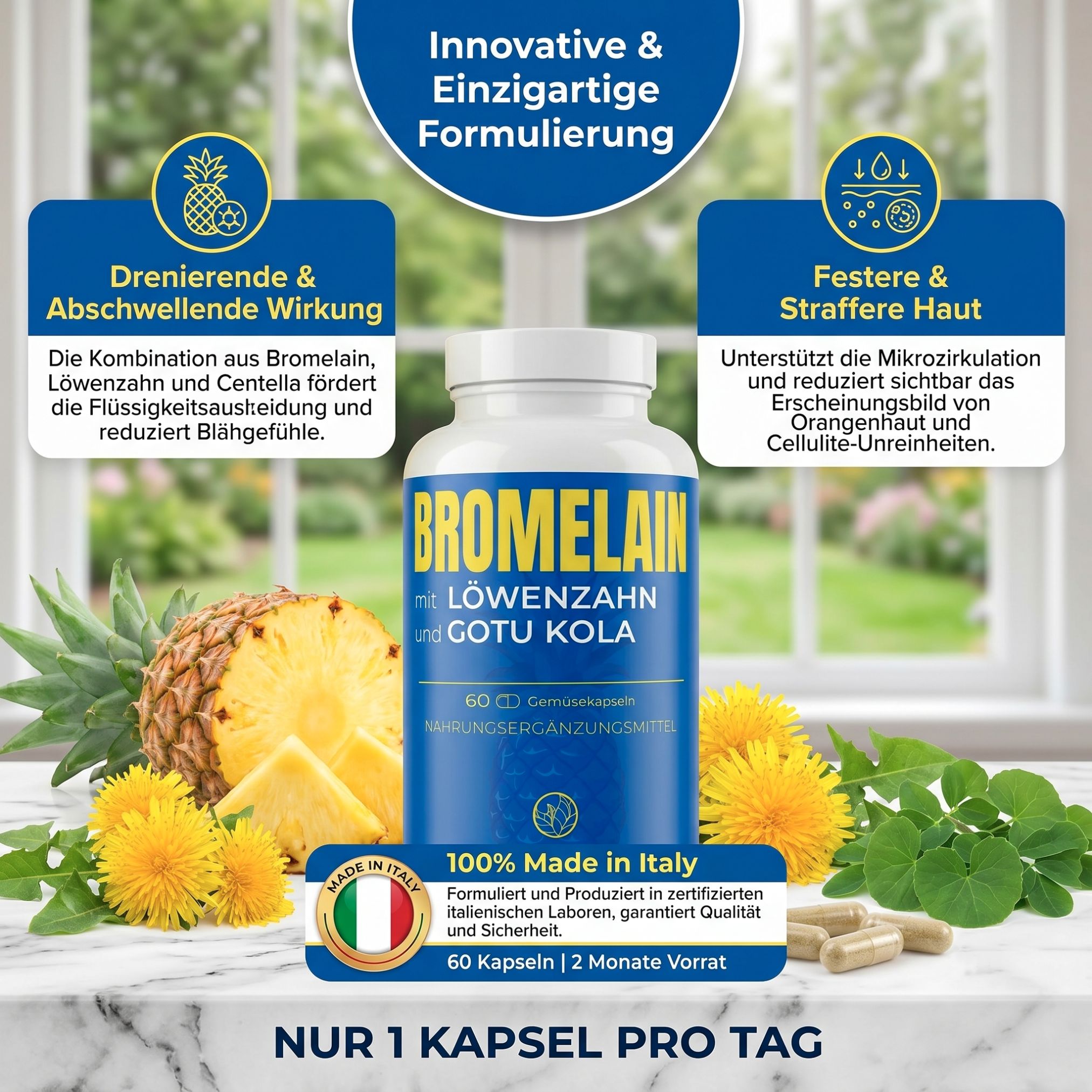 Flasche Bromelain mit Löwenzahn und Gotu Kola, umgeben von Ananas und Löwenzahn.