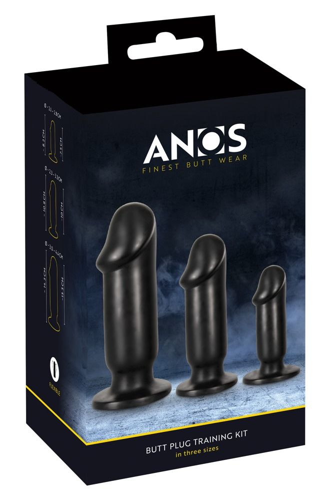 Schwarzes Set aus drei Analplugs in einer Box. Box mit Produktnamen und Größenangaben. Aufschrift: ANOS, FINES BUTT WEAR.