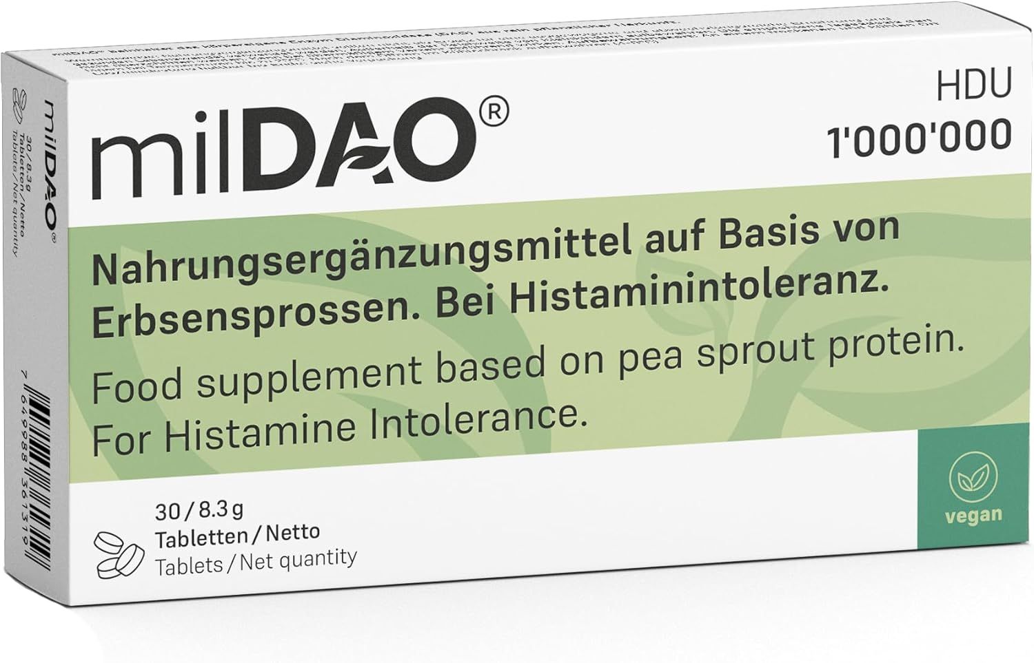 Weiße Schachtel mit milDAO-Logo und Text. Enthält Tabletten für Histaminintoleranz. Vegan-Siegel.