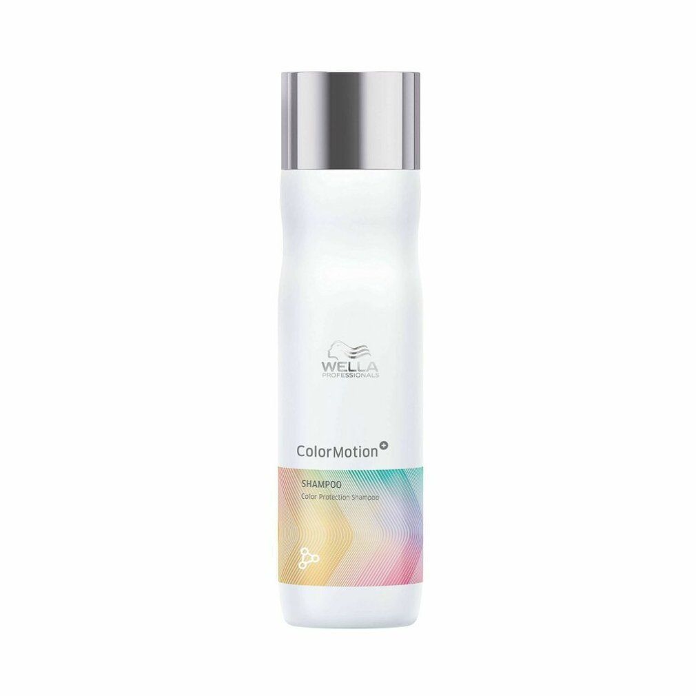 Weiße Shampoo-Flasche mit silbernem Deckel. Aufkleber mit Farbverlauf und Schriftzug ColorMotion und Shampoo.