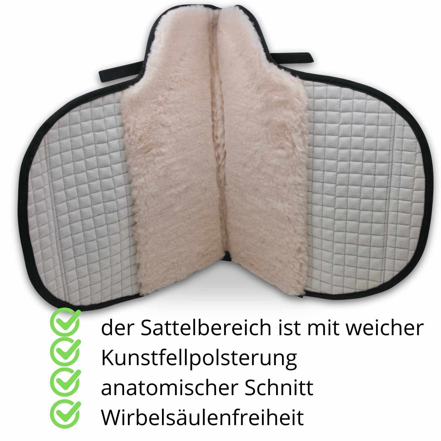 Sattelunterlage mit weicher Kunstfellpolsterung, anatomischer Schnitt, Wirbelsäulenfreiheit. Beige und schwarz.