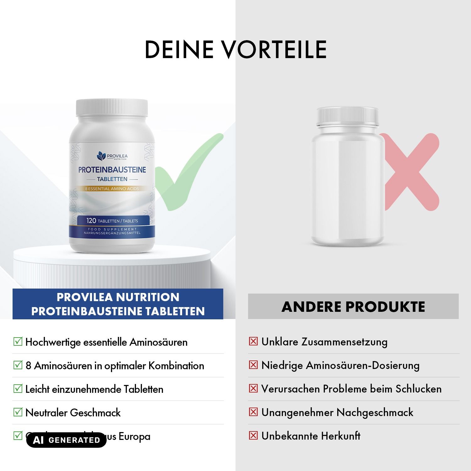 Vergleich: Provilea Nutrition Proteinbausteine Tabletten vs. andere Produkte.