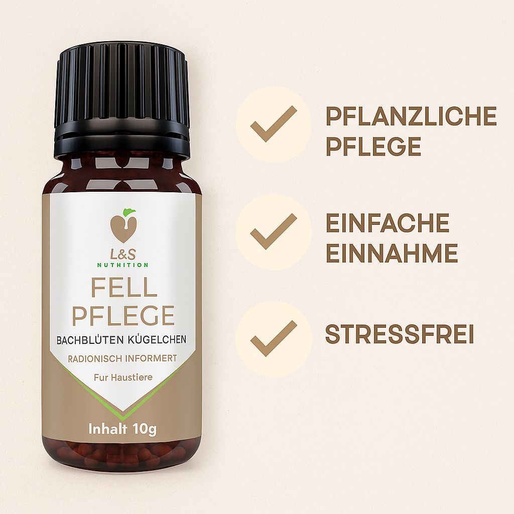 Braune Glasflasche mit schwarzem Deckel. Etikett mit Produktnamen und Logo. Text: Pflanzliche Pflege, einfache Einnahme, stressfrei.
