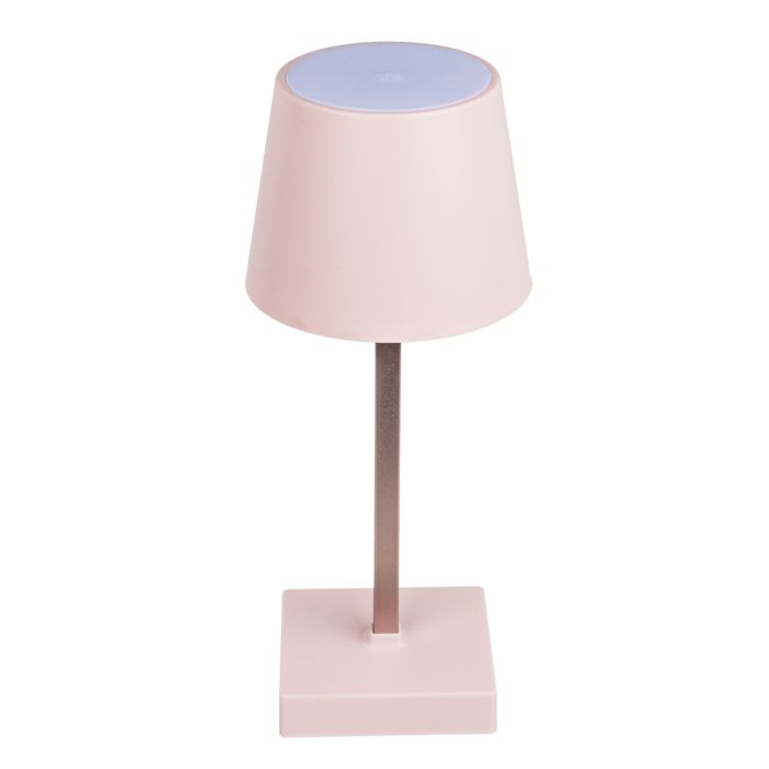 Tischlampe mit LED, rosa, quadratischer Fuß, zylindrischer Schirm, Metallstiel.