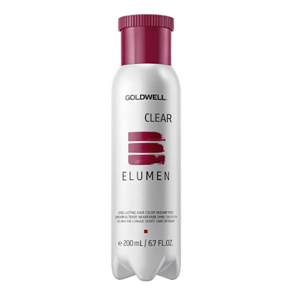 Goldwell Elumen Haarfarbe, weiße Flasche mit burgunderfarbenem Deckel. Aufschrift: CLEAR, Elumen, 200 ml.