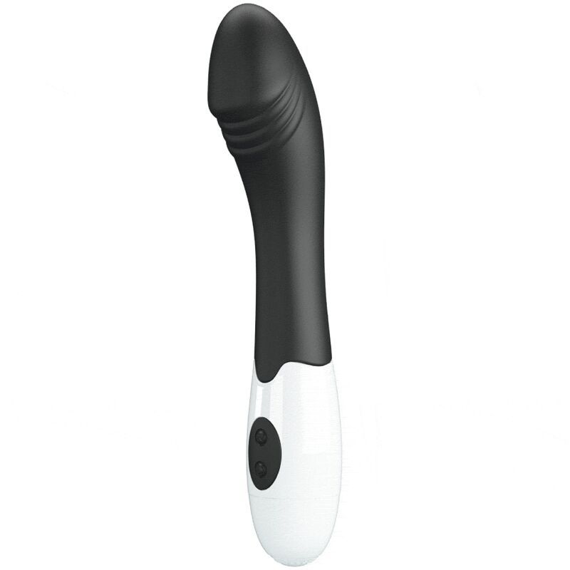 Schwarzer G-Punkt-Vibrator mit weißem Griff und zwei Bedientasten.