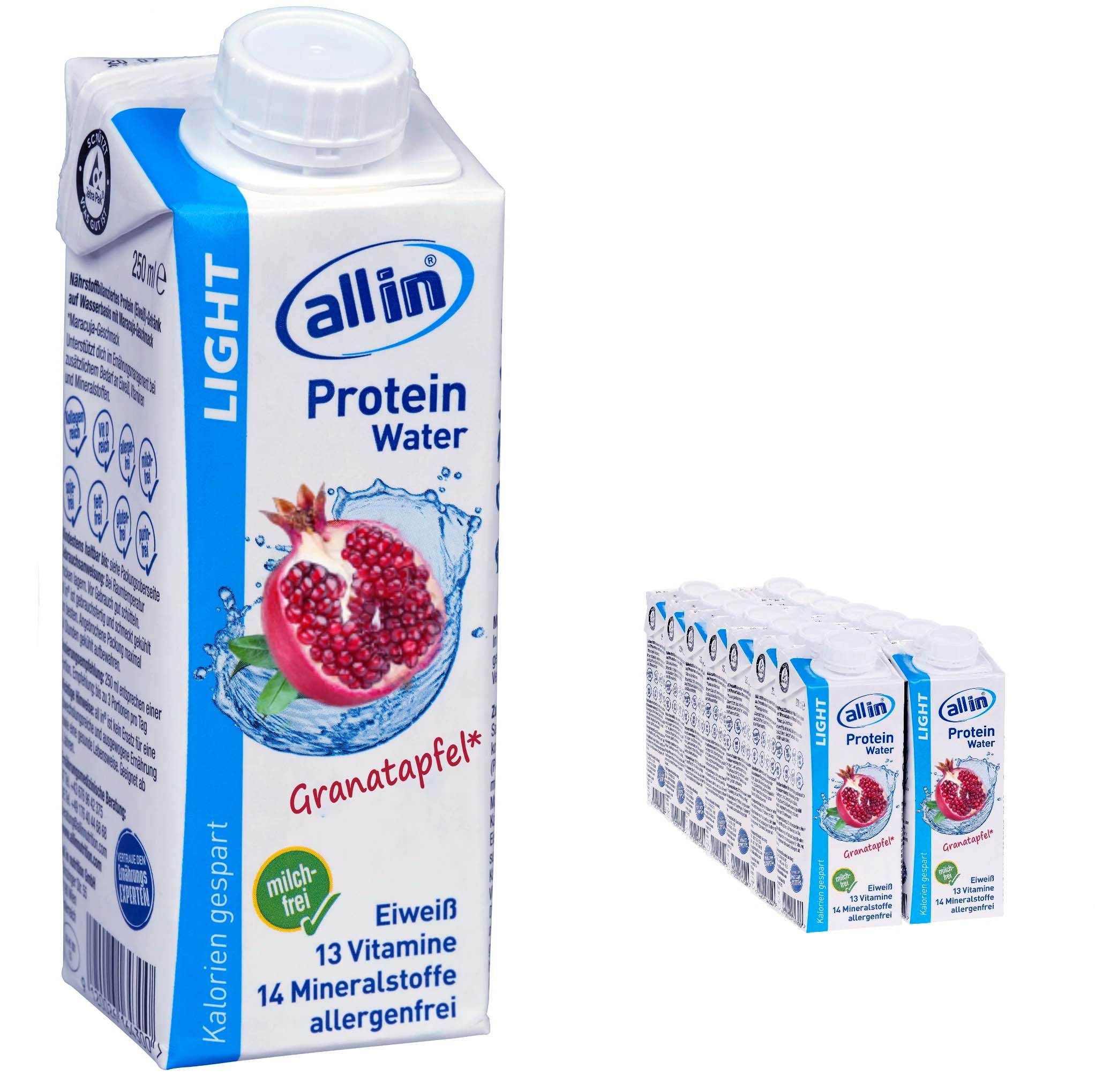 all in® LIGHT Protein Water Granatapfel in einem Karton, daneben eine Packung mit mehreren Flaschen.