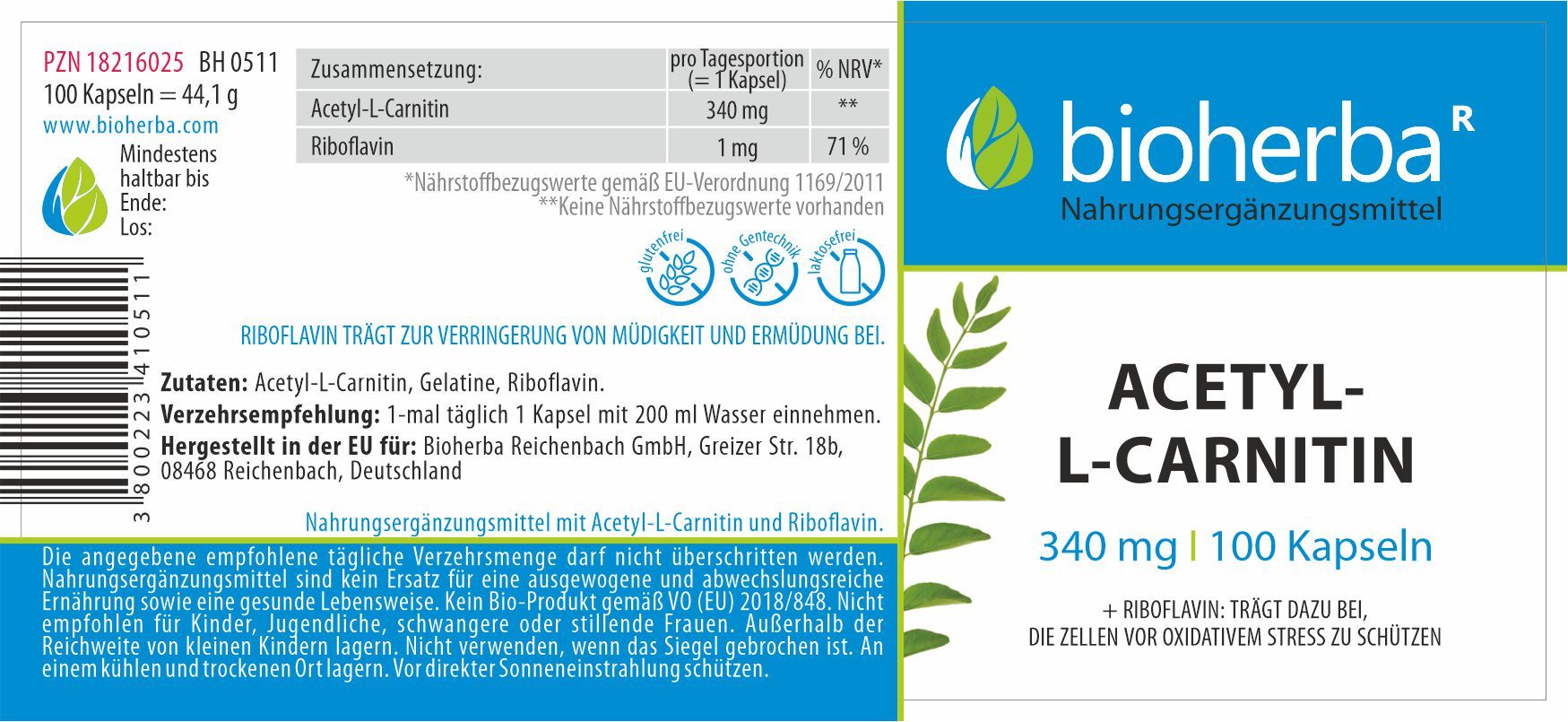 Produktetikett mit blauem Streifen und Produktnamen: Acetyl-L-Carnitin. Enthält Informationen zu Inhaltsstoffen und Dosierung.