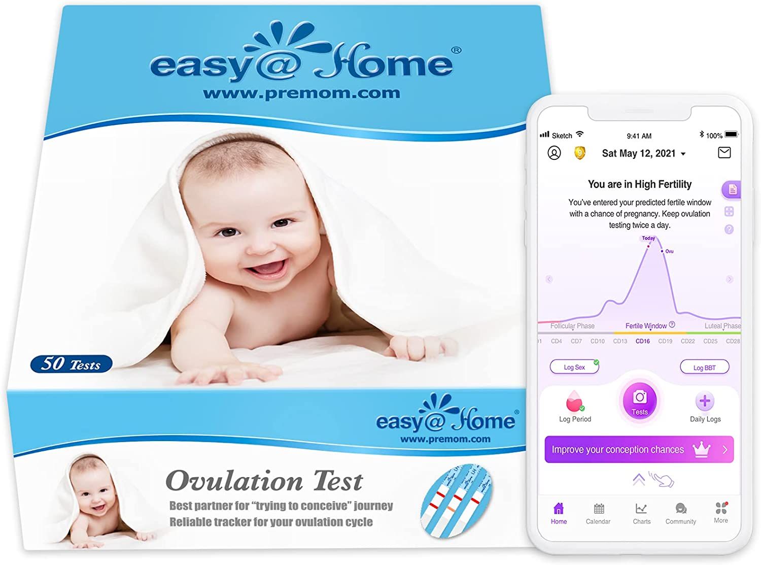 Packung Ovulationstests mit Babyfoto und Smartphone mit App-Anzeige. 50 Tests. Marke: easy@Home.