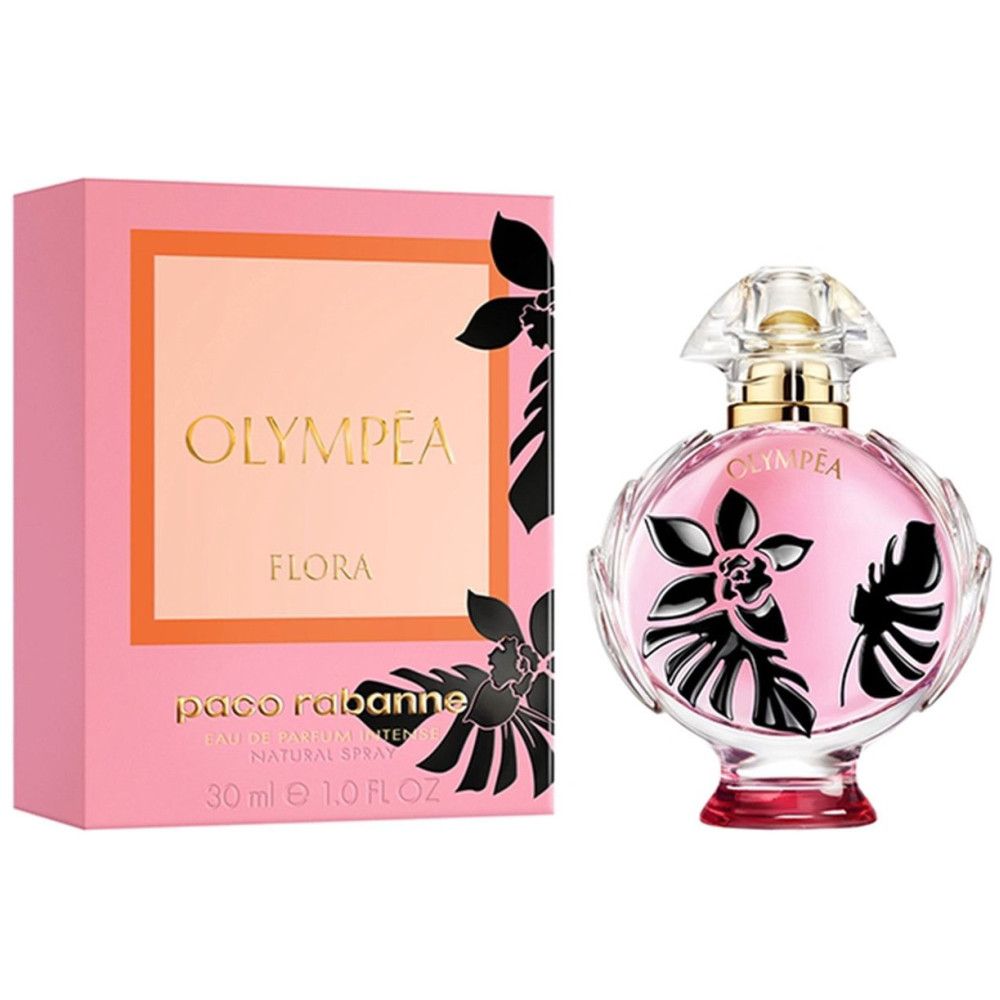 Rosa Flakon und Verpackung. Aufschrift OLYMPÉA FLORA. Schwarze Blumenmuster. 30 ml. Natürliches Spray.