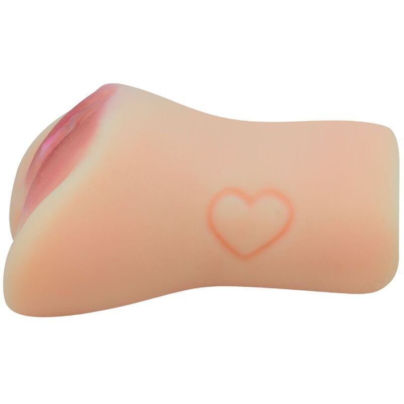 Fleischfarbener Masturbator, seitliche Ansicht. Mit Herz-Design und roter Öffnung.