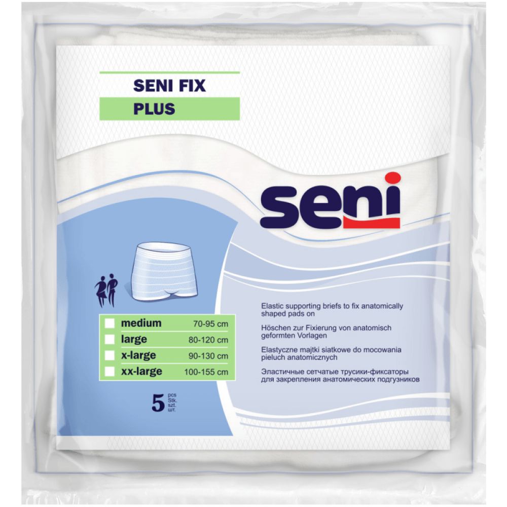 Verpackung mit Seni Fix Plus. Aufdruck: Seni, Größenangaben, 5 Stück. Weiße, elastische Fixierhosen.