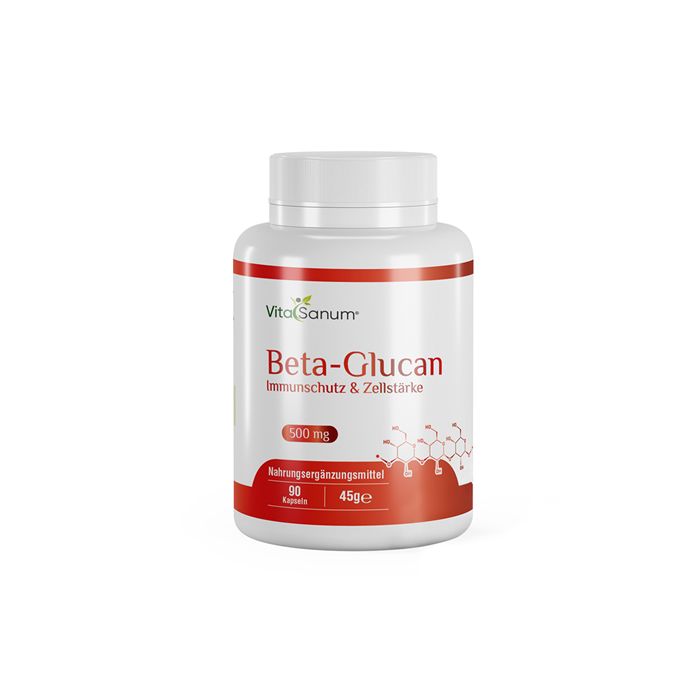Weißes Fläschchen mit rotem Etikett. Aufschrift: VitaSanum Beta-Glucan 500 mg. 90 Kapseln. Nahrungsergänzungsmittel.