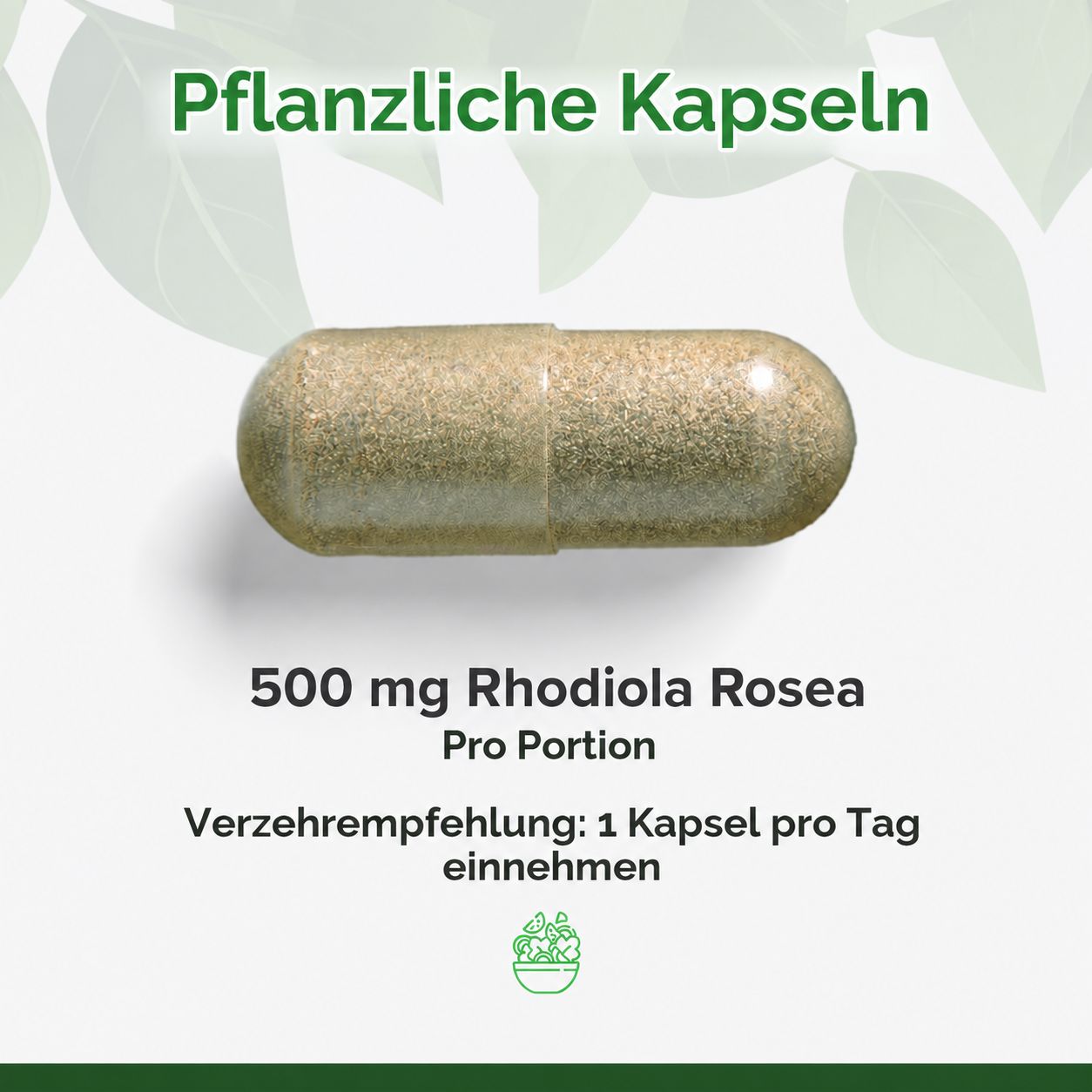 Einzelne pflanzliche Kapsel mit 500 mg Rhodiola Rosea pro Portion.
