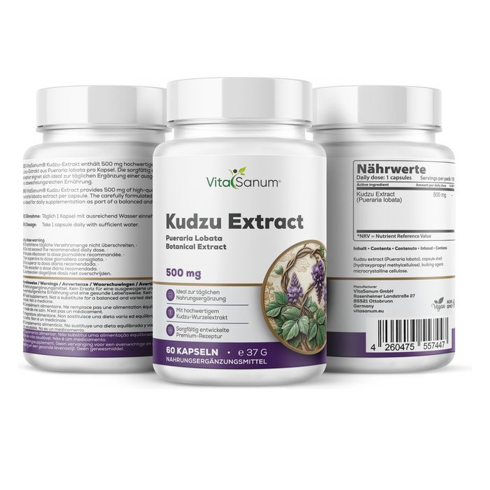 Drei Behälter VitaSanum Kudzu Extract Kapseln, 500 mg. Einer vorne, zwei hinten. Weiße Behälter mit lila Etiketten.