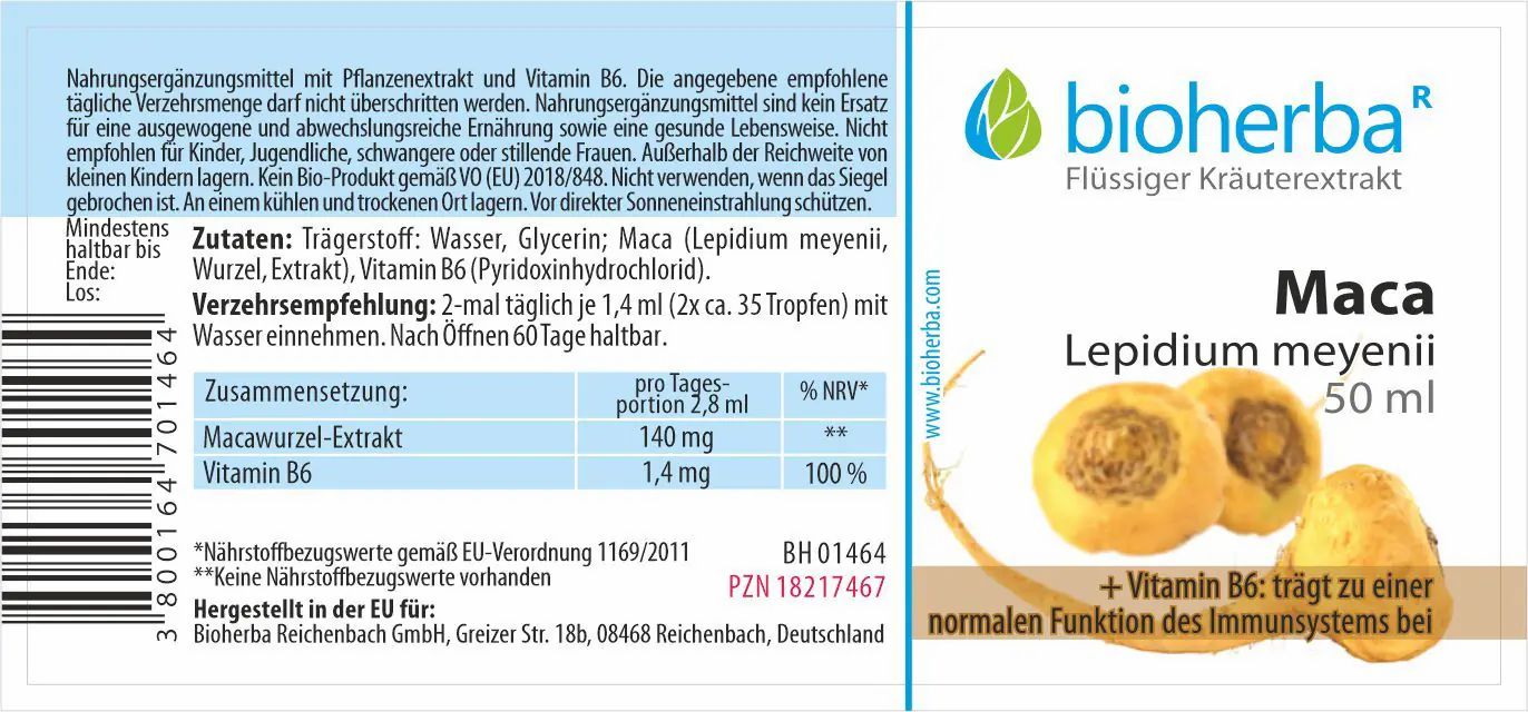 Etikett mit "bioherba" Logo, "Maca" und Abbildung von Knollen. Enthält Informationen zu Inhaltsstoffen und Dosierung.