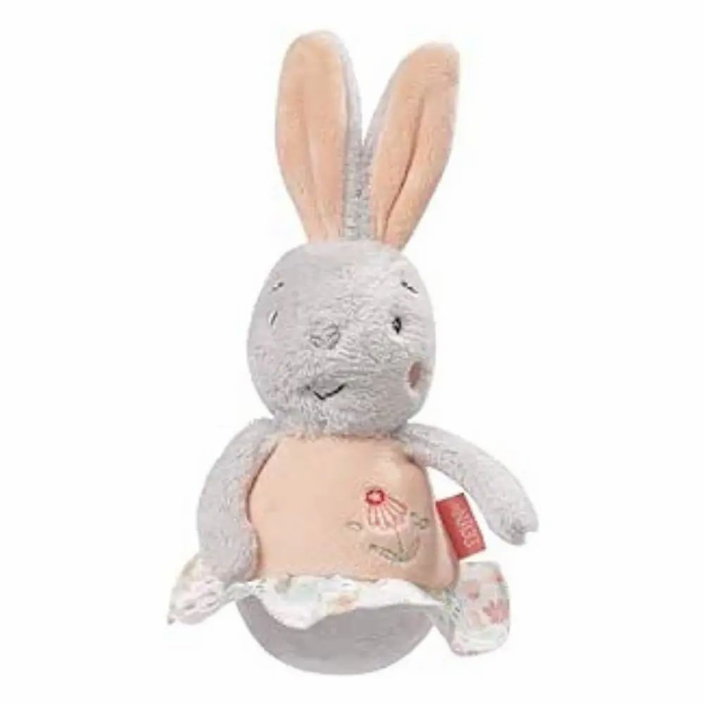 Graues Stofftier-Hase mit rosa Bauch und Ohren. Blumenmuster auf dem Bauch. Steht aufrecht. Marke: Fehn.