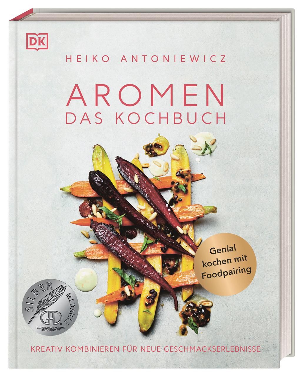 Buchcover: "Aromen - Das Kochbuch" von Heiko Antoniewicz. Mit Gemüsearrangement. Silbermedaille und Foodpairing-Hinweis.