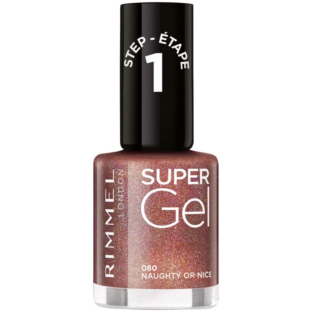 Nagellackflasche mit "Rimmel London Super Gel"-Aufdruck. Auf der Kappe steht "Step 1".