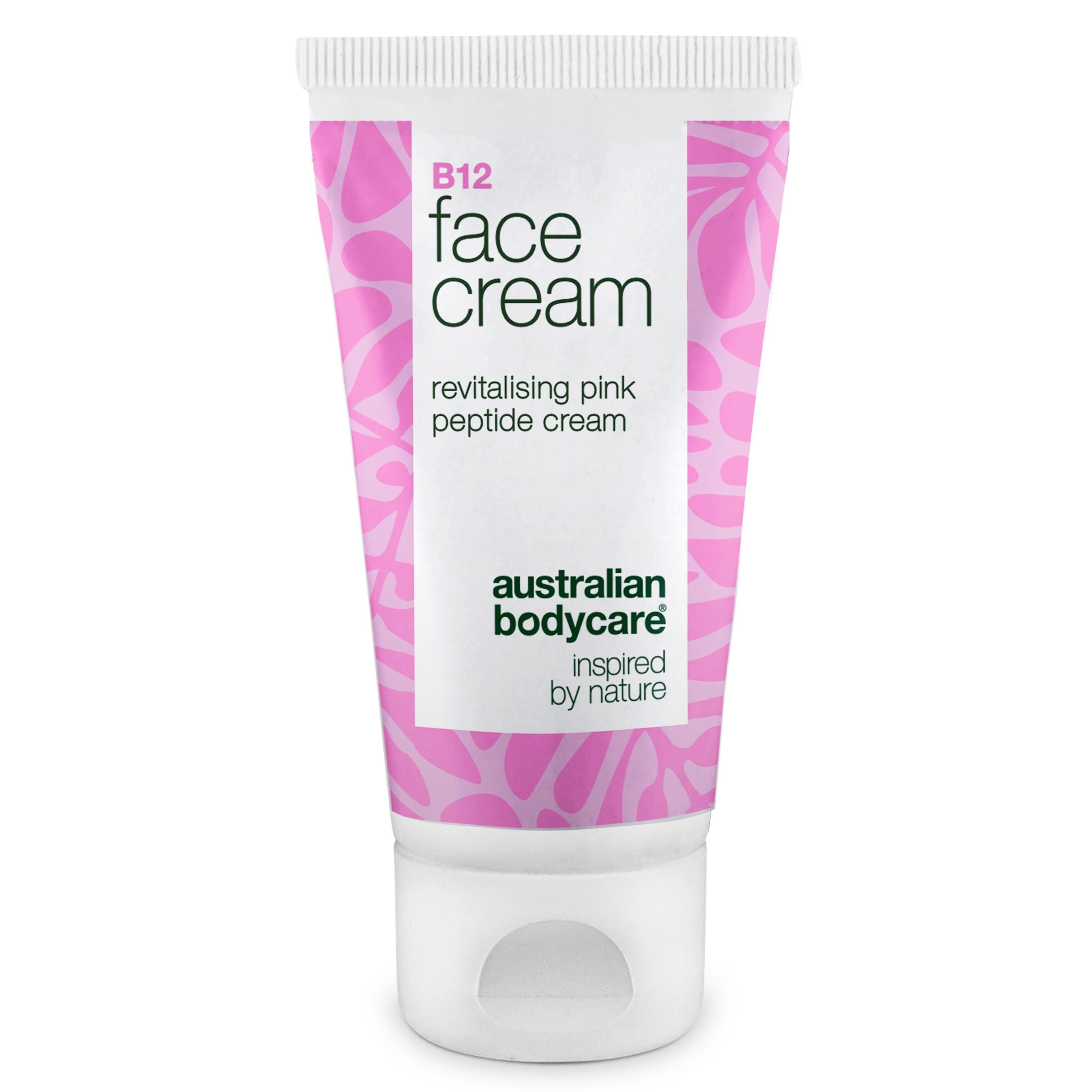 Rosa Tube mit weißem Deckel. Aufschrift: B12 face cream, revitalising pink peptide cream. Marke: Australian Bodycare.