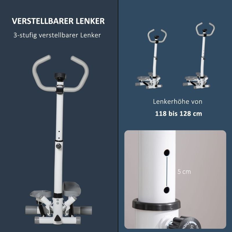 Stepper mit verstellbarem Lenker. Lenkerhöhe von 118 bis 128 cm. Detailansicht des Lenkers. 3-stufig verstellbar.