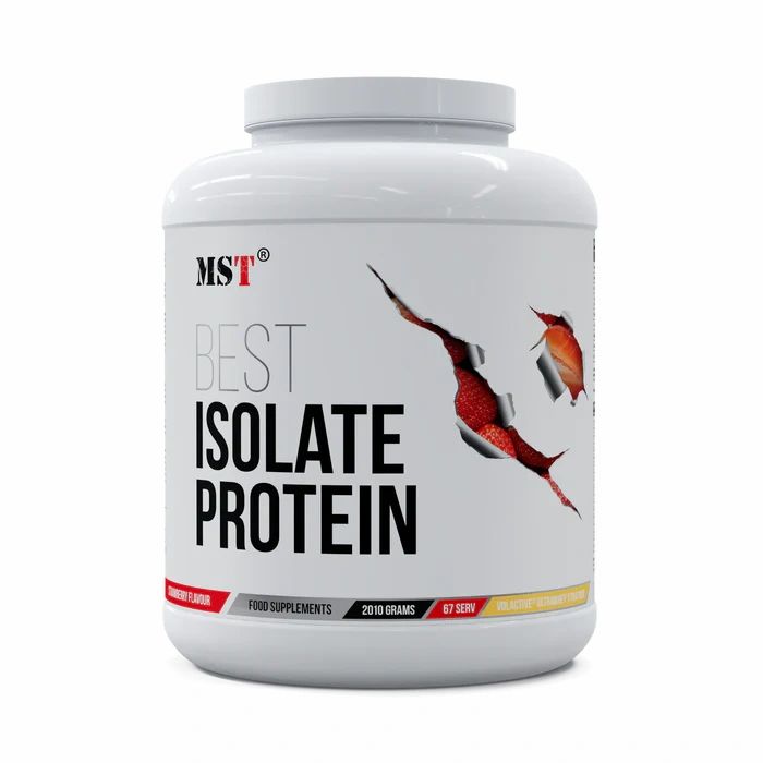 Weiße Dose mit rotem und schwarzem Etikett. Aufschrift: MST BEST ISOLATE PROTEIN. 2010 Gramm, 67 Portionen. Geschmack: Erdbeere.