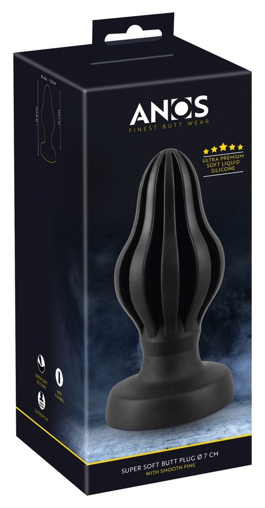 Verpackung von ANOS Super Soft Butt Plug 7 cm. Schwarzer Plug im Karton, Produktname und Details.
