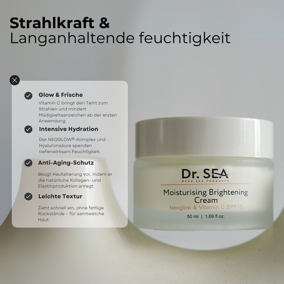 Creme-Tiegel. Text: Dr. SEA, Moisturising Brightening Cream, SPF15. 50 ml. Text über Vorteile: Glow, Hydratation, Anti-Aging.