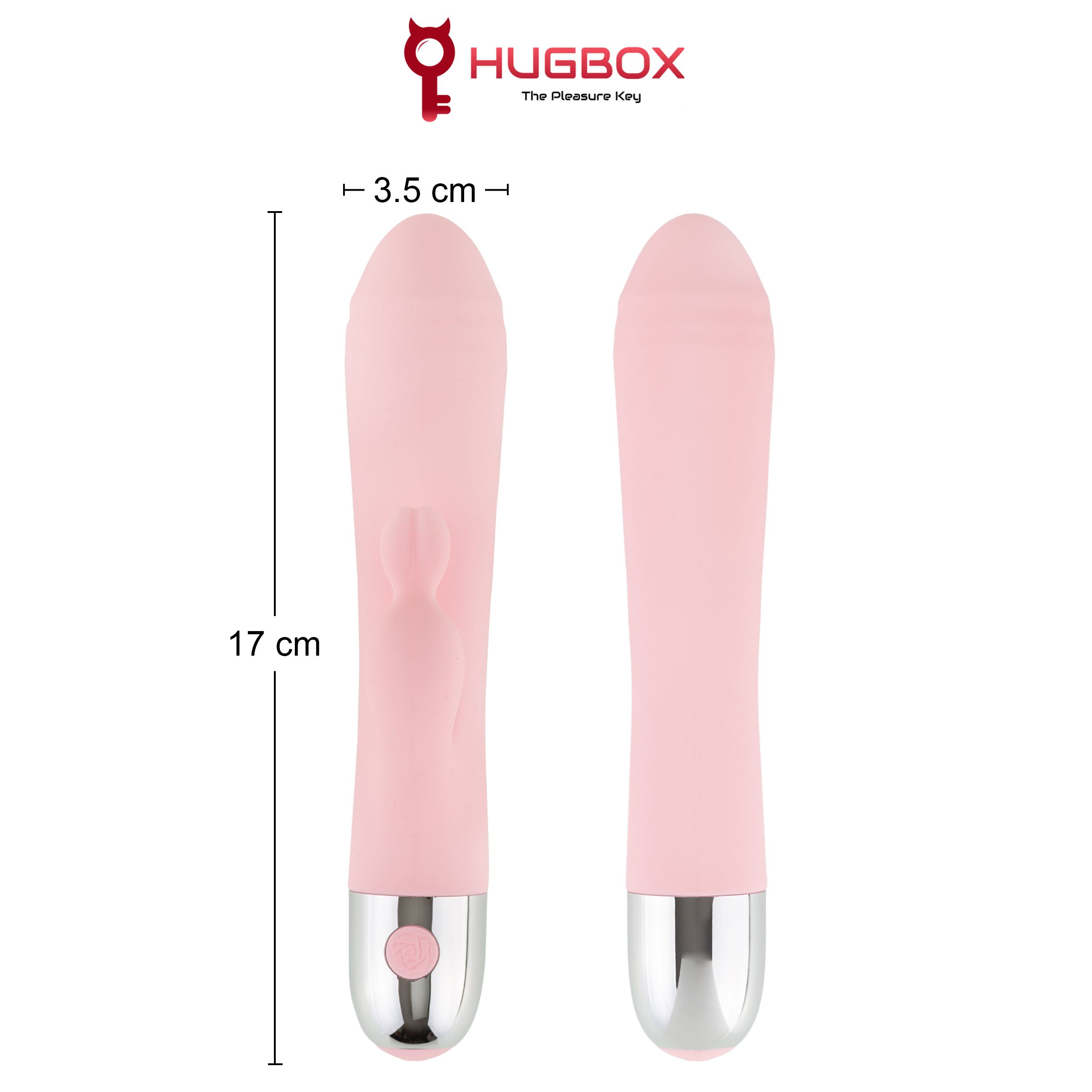 Zwei rosa Vibratoren, einer mit Maßen: 17 cm lang, 3,5 cm breit. Logo: HUGBOX The Pleasure Key. Auf weißem Hintergrund.