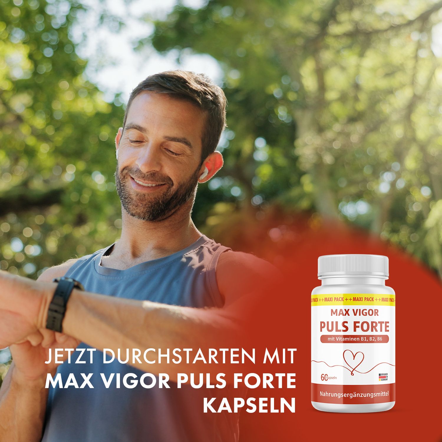 Mann beim Laufen mit Smartwatch. Daneben Flasche Max Vigor Puls Forte Kapseln. Text: Jetzt durchstarten mit Max Vigor Puls Forte Kapseln.