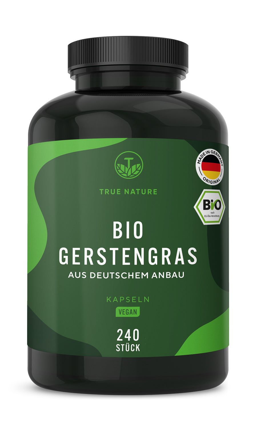 Dunkle Flasche mit grüner Beschriftung. Enthält Kapseln. Aufschrift: BIO GERSTENGRAS AUS DEUTSCHEM ANBAU. Vegan. 240 Stück.