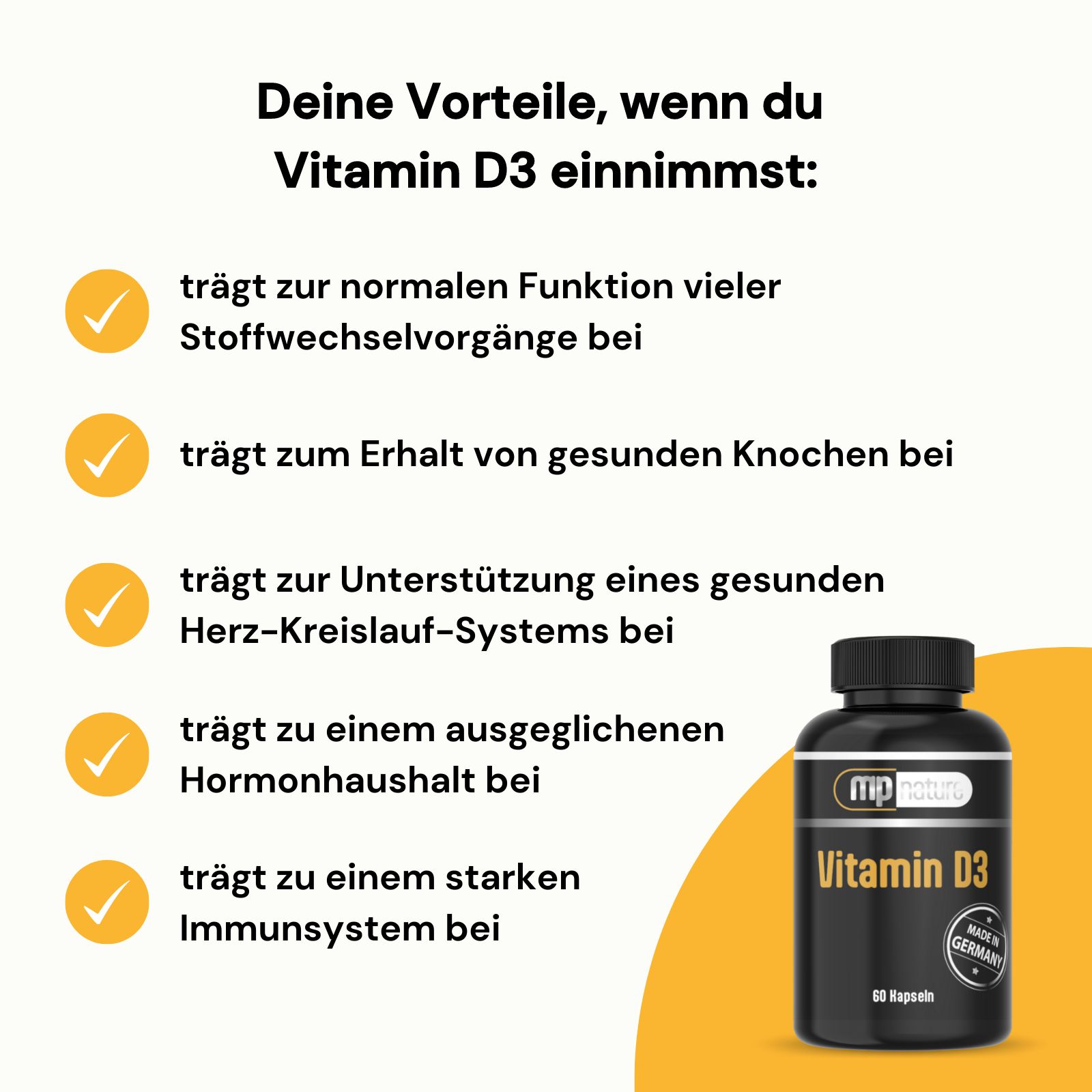 Grafik mit Vorteilen von Vitamin D3. Flasche MP Nature Vitamin D3. Text: trägt zur normalen Funktion bei, gesunde Knochen, etc.