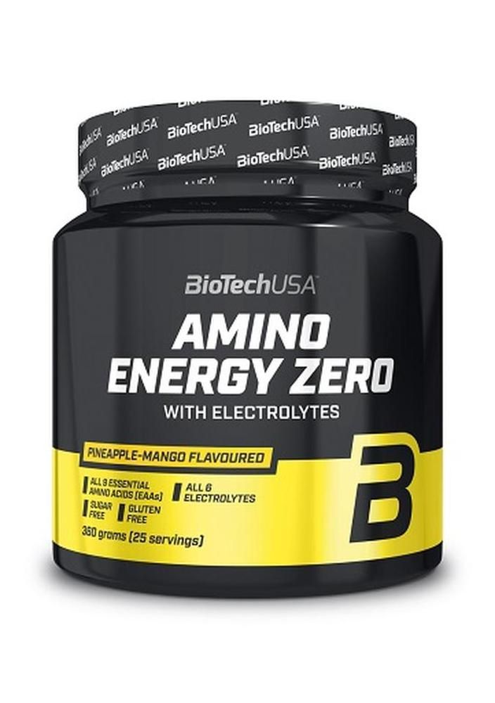 Schwarze Dose mit "BioTechUSA Amino Energy Zero". Gelber Aufkleber mit Text. Aufschrift: "Pineapple-Mango Flavoured".