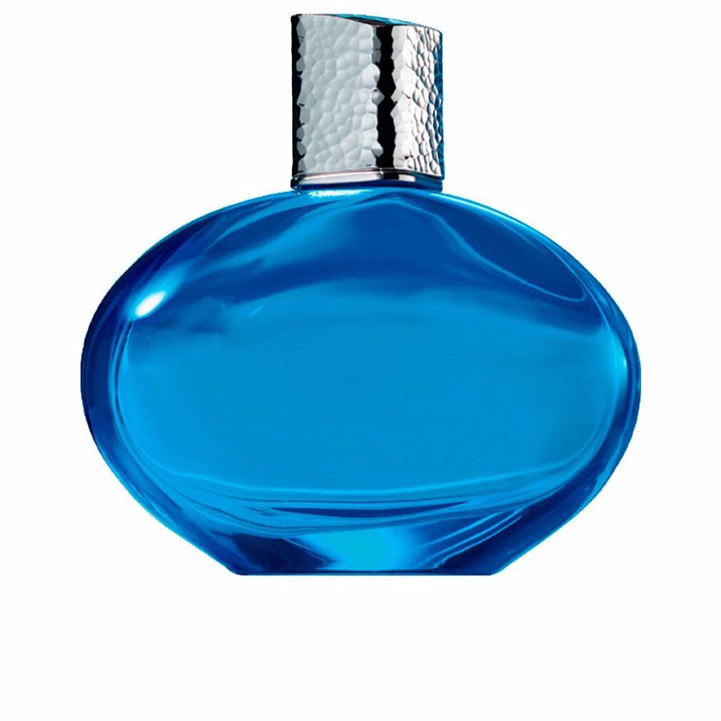 Blauer, ovaler Flakon mit silberfarbenem Deckel. Parfümflasche.