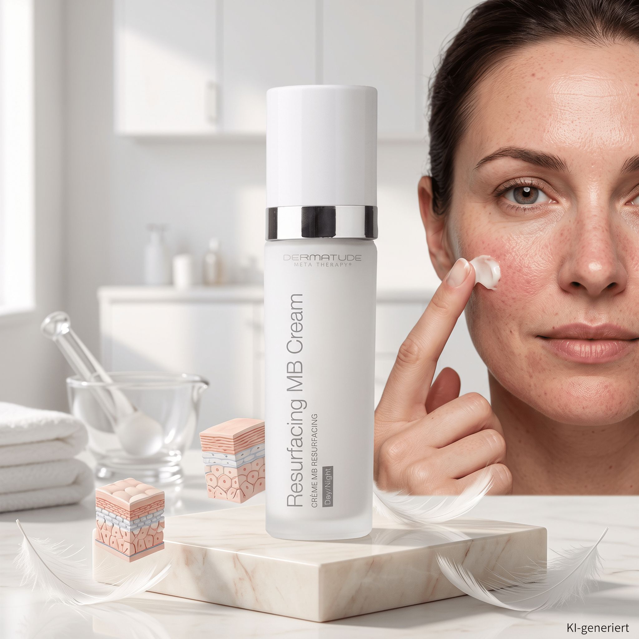 Ein weißer Spender mit der Aufschrift "Resurfacing MB Cream" steht auf einem Marmorsockel, umgeben von Federn. Eine Frau trägt die Creme auf ihr Gesicht auf.