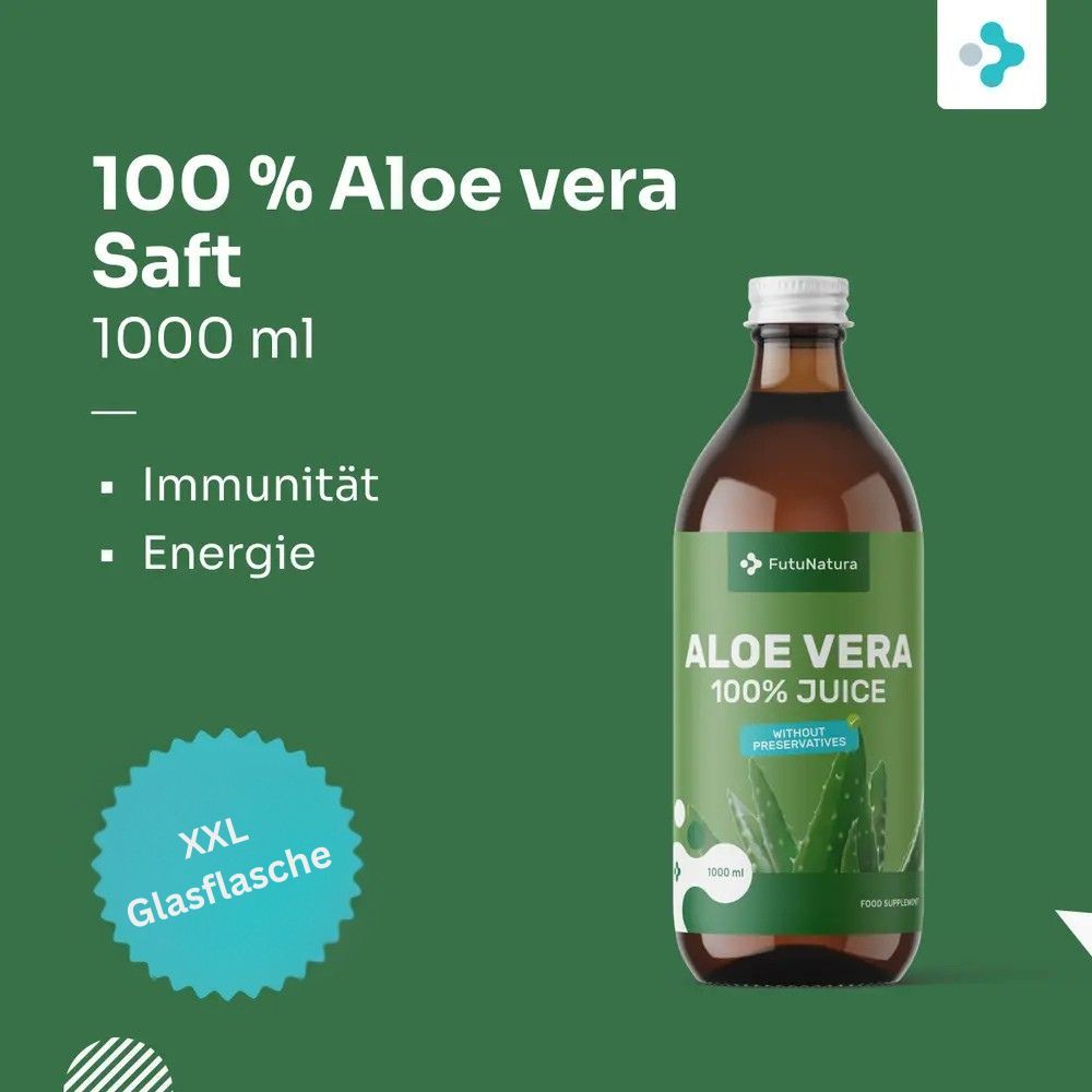 Braune Glasflasche mit grünem Etikett. Aufschrift: Aloe Vera 100% Juice, ohne Konservierungsstoffe. Weißer Deckel. Aufschrift: XXL Glasflasche.
