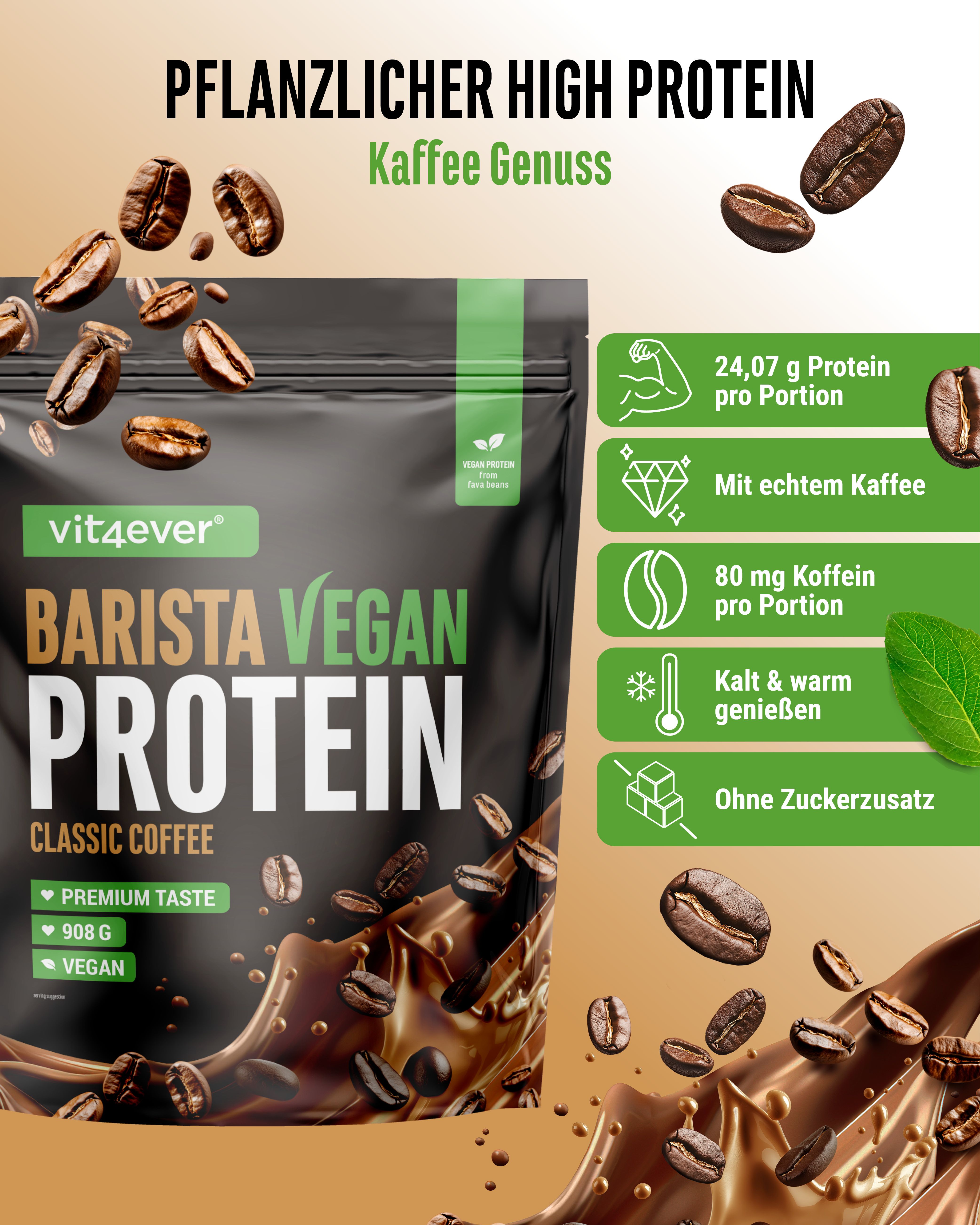 Verpackung "vit4ever Barista Vegan Protein Classic Coffee". Text: Pflanzlicher High Protein. Informationen zu Protein, Koffein, und Zucker.