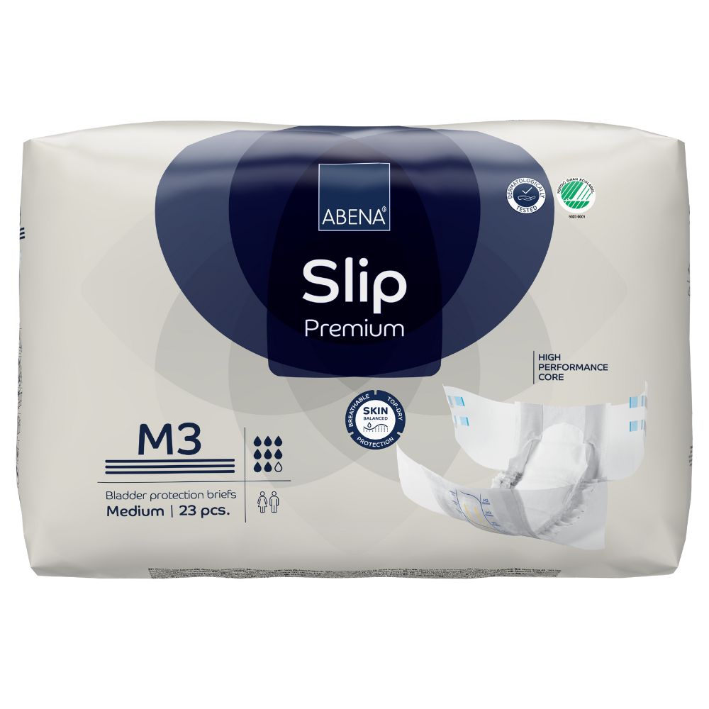 Abena Slip Premium, M3, 23 Stück. Weiße Inkontinenz-Slips mit blauer Verpackung. Sichtbare Zertifizierungen.