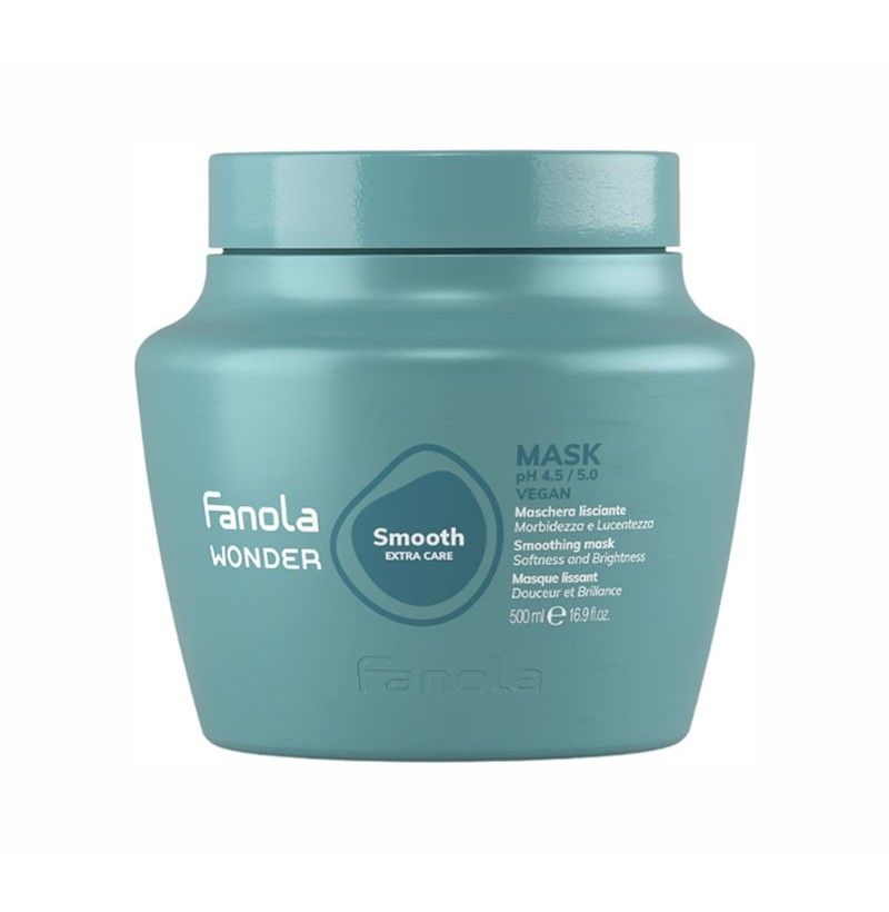 Türkisfarbene Dose mit Deckel. Aufschrift: Fanola Wonder, Smooth Extra Care, Mask. Text in mehreren Sprachen. Vegan. 500ml.