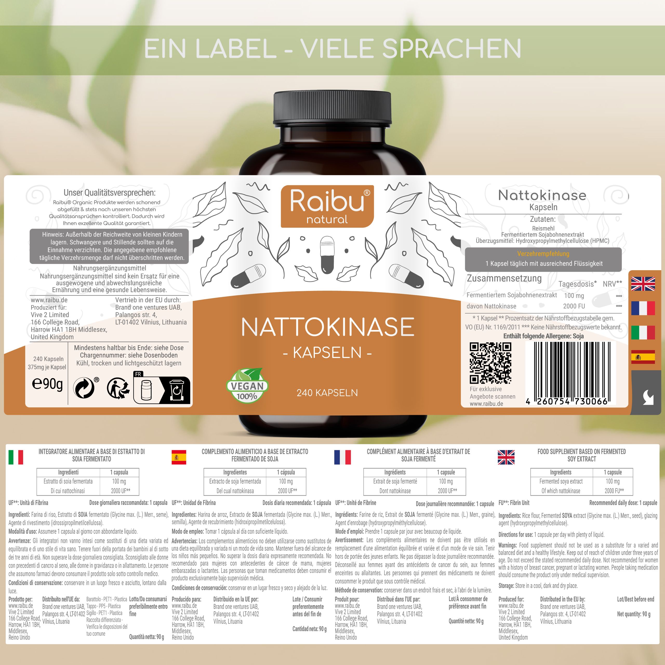 Rückseite einer Flasche Nattokinase-Kapseln. Aufschrift: Nattokinase-Kapseln, 240 Kapseln. Mehrsprachige Informationen. Vegan-Siegel.