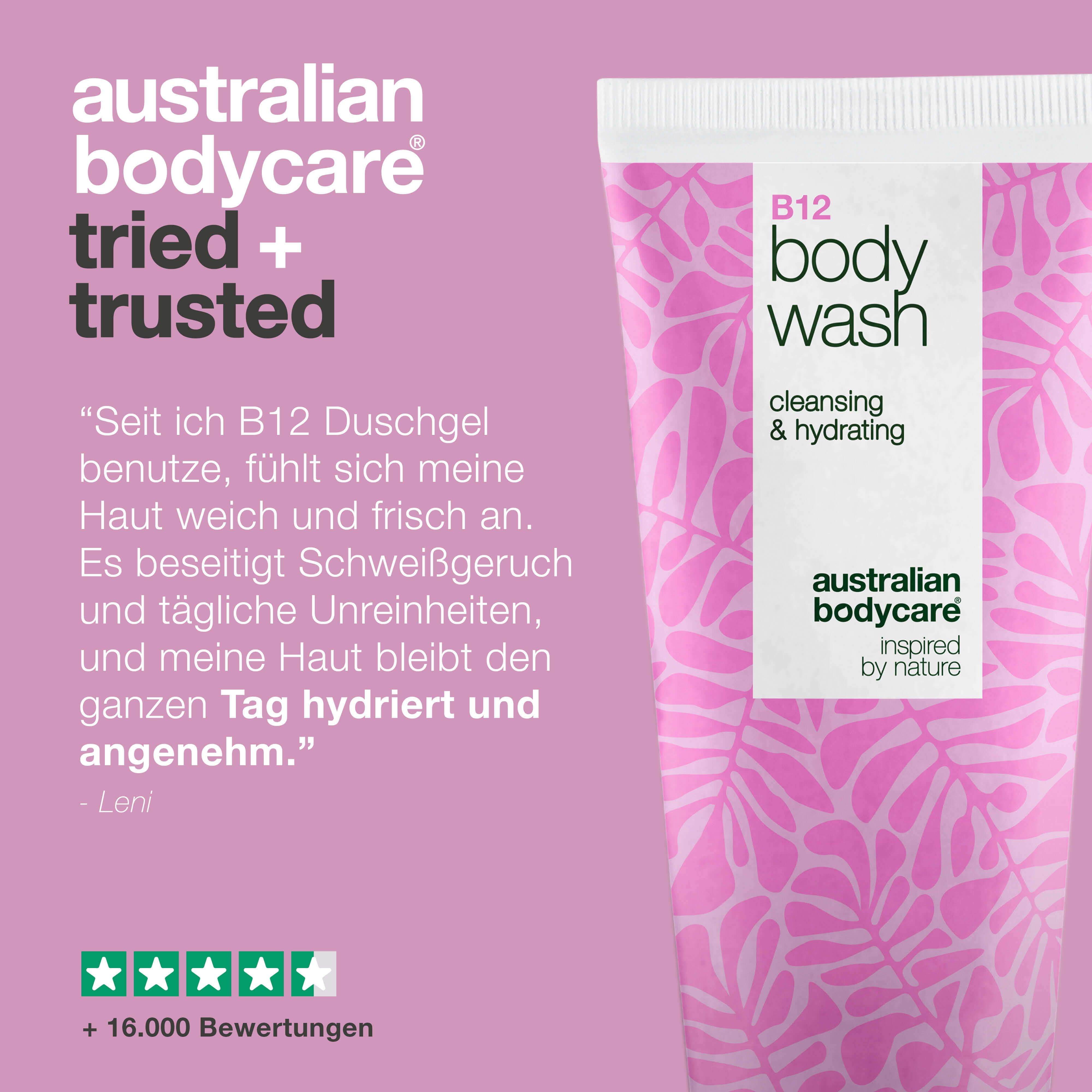 B12 Body Wash in Tube. Rosa Design. Text: Warum Australian Bodycare? 100% recycelbar.