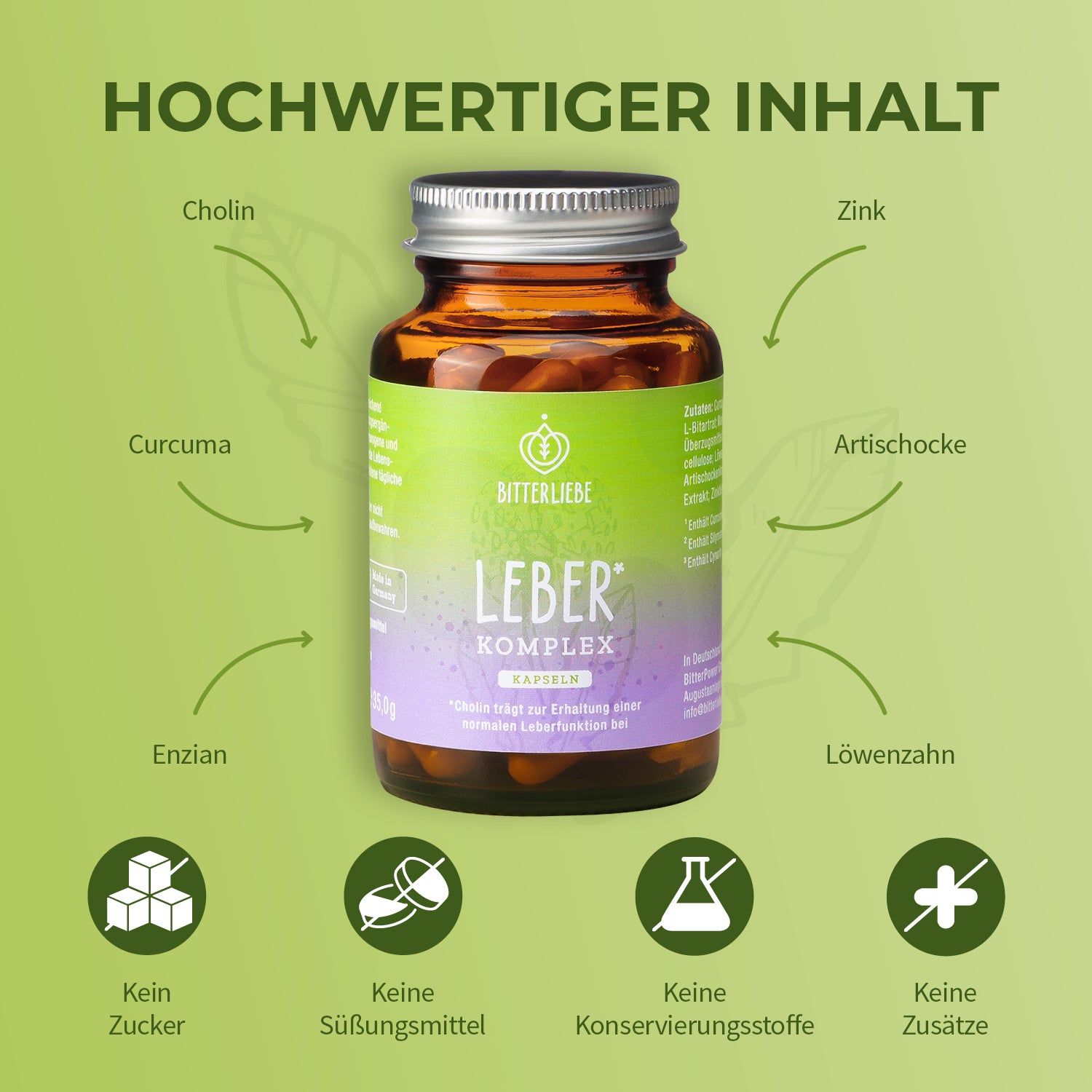 Braune Glasflasche mit Kapseln. Inhaltsstoffe: Cholin, Zink, Curcuma, Enzian, Artischocke, Löwenzahn. Keine Zusätze.