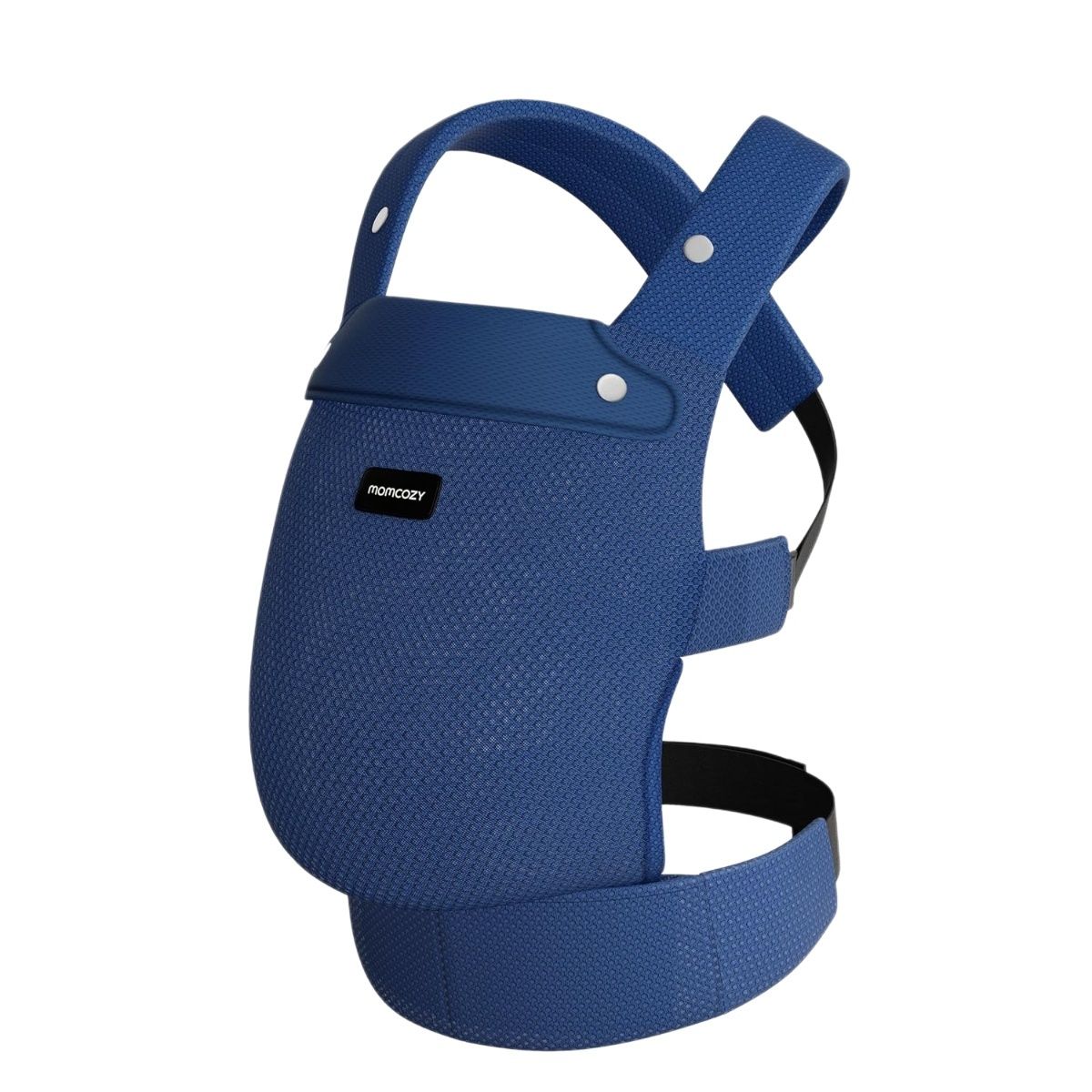 Blaues Babytragetuch. Momcozy-Logo sichtbar. Mesh-Gewebe, gepolsterte Träger und Hüftgurt.