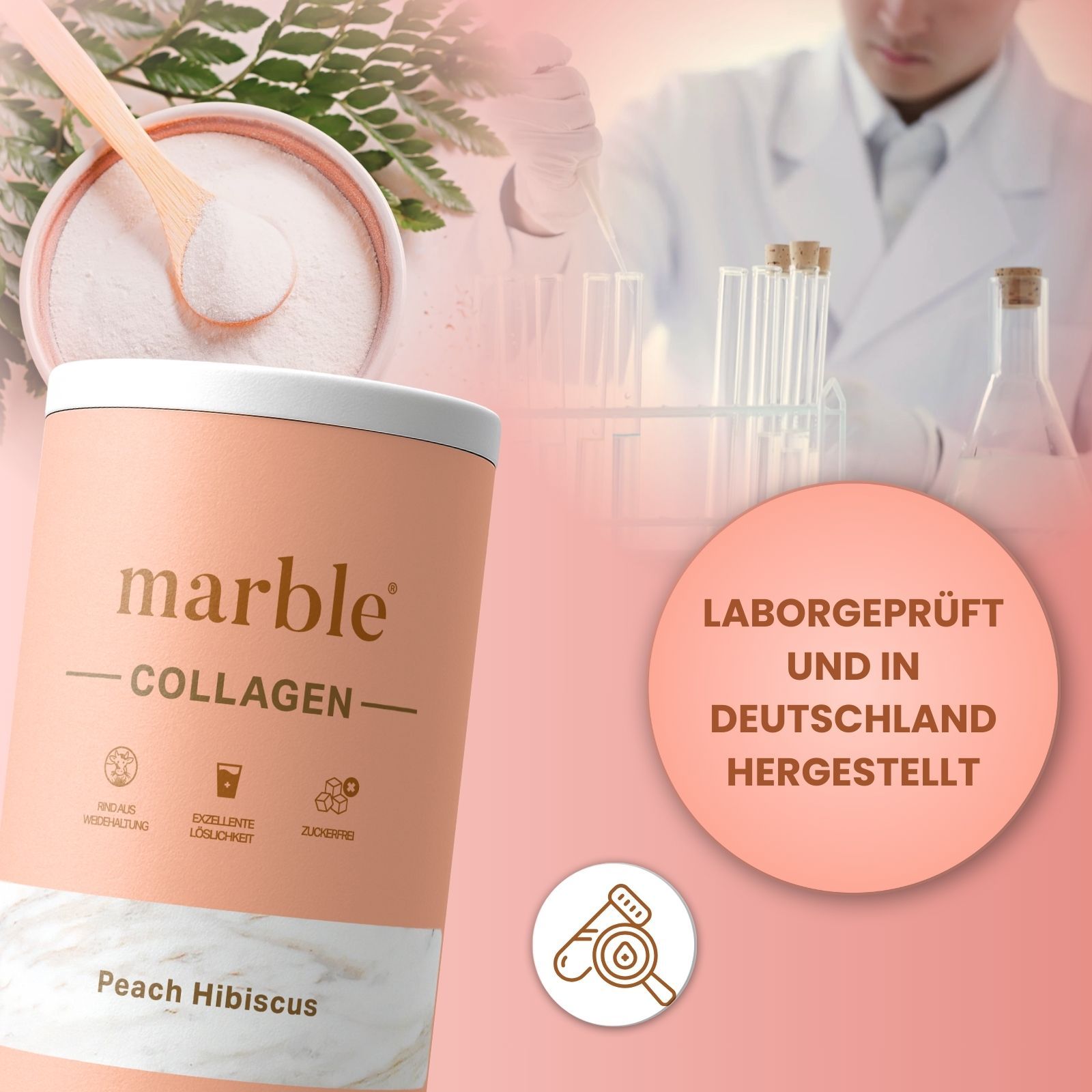 Dose marble® Collagen Pulver Peach Hibiscus. Laborgeprüft und in Deutschland hergestellt. Mann im Labor.