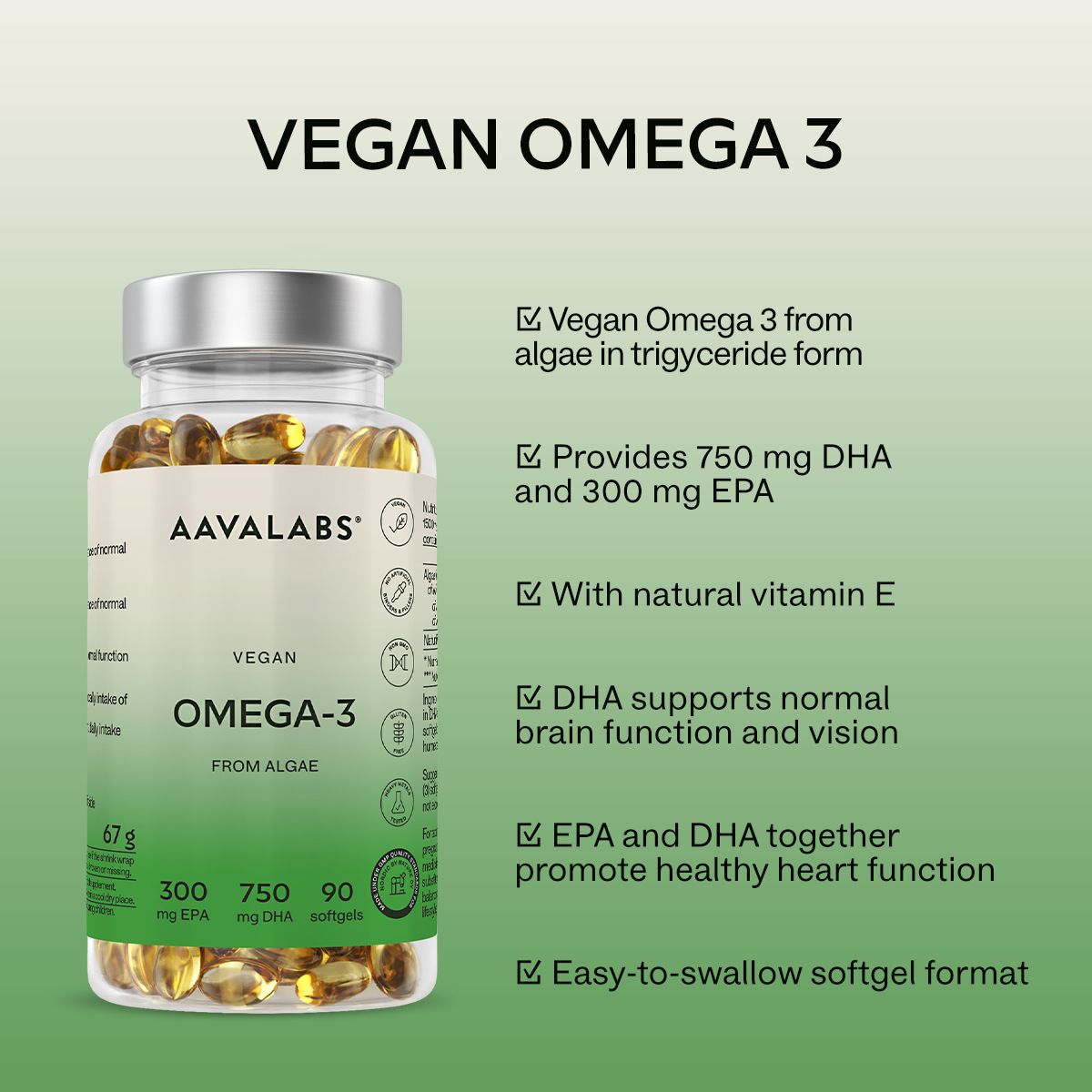 Flasche mit Omega-3-Kapseln und Text. Enthält Informationen über Vegan, DHA, EPA und Vitamin E.