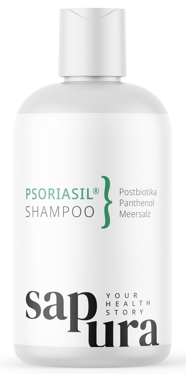 Weiße Shampoo-Flasche mit grüner Schrift. Aufschrift: PSORIASIL Shampoo, Postbiotika, Panthenol, Meersalz, sapura.