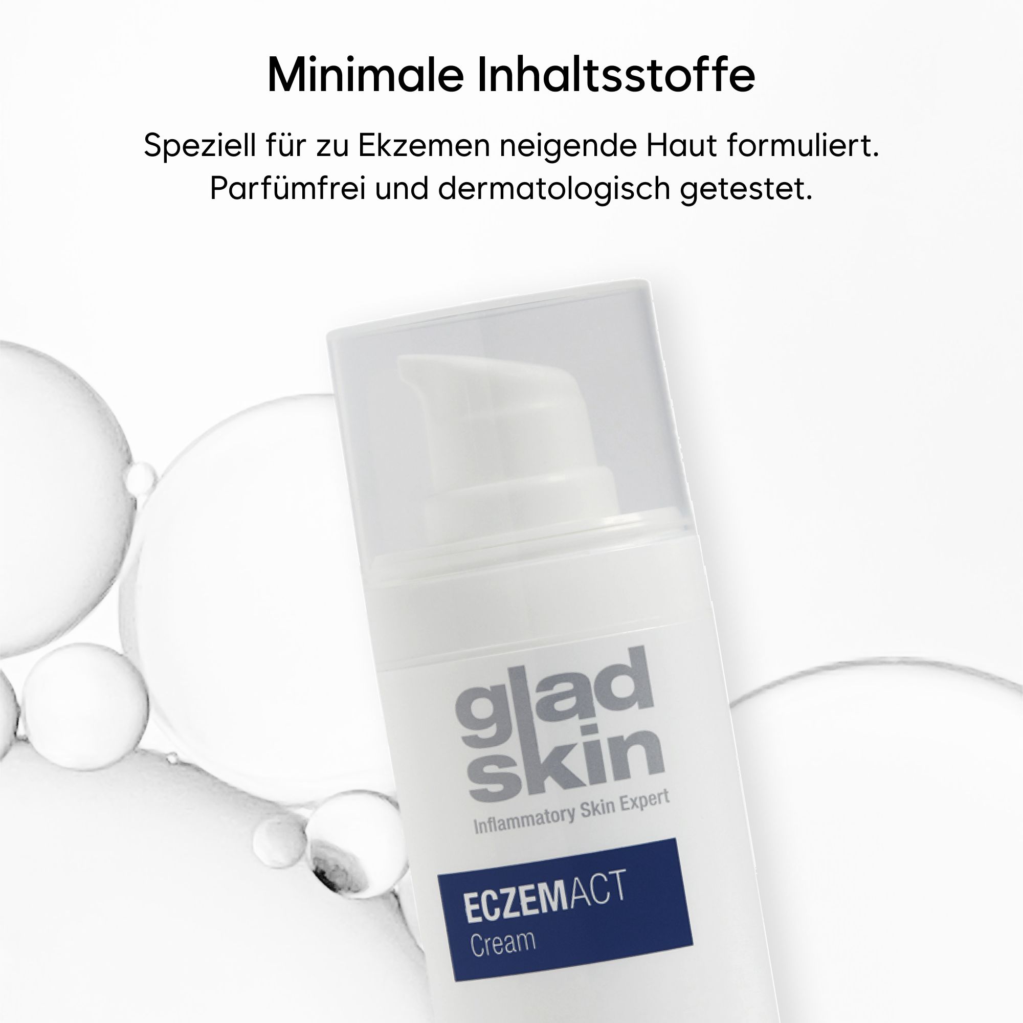 Weiße Creme-Flasche mit Pumpverschluss. Aufschrift: Gladskin Eczemact Cream. Text: Speziell für Ekzemen neigende Haut formuliert. Parfümfrei und dermatologisch getestet.
