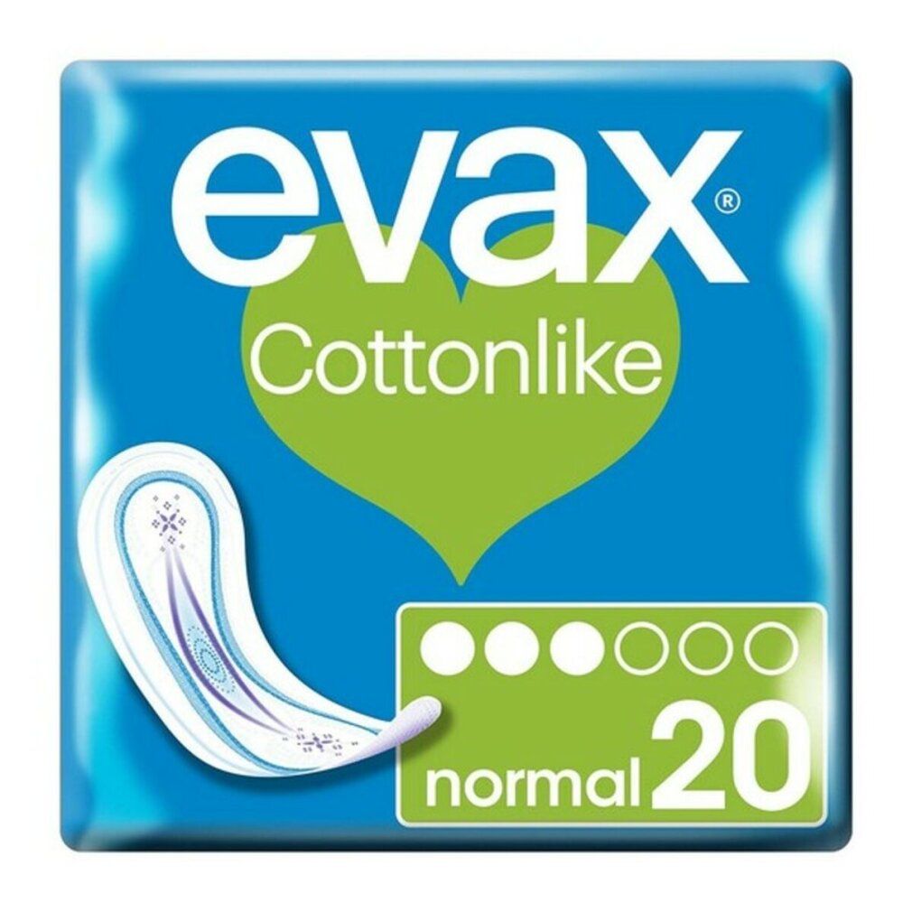 Blaues Paket mit Damenbinden. Aufschrift: Evax Cottonlike Normal, 20 Stück. Abbildung eines einzelnen Absorbers.