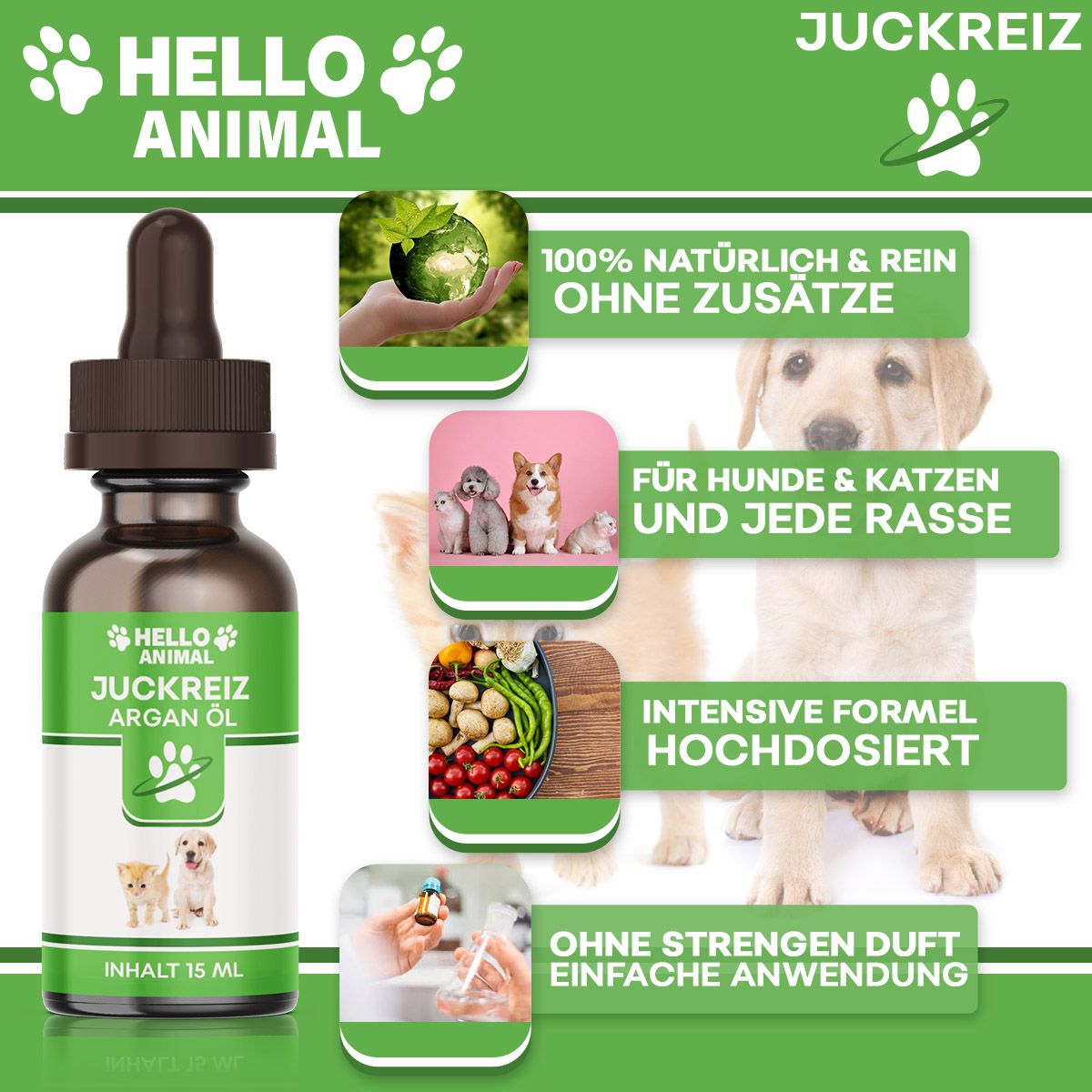 Produktpräsentation mit brauner Flasche, Tropfer und Etikett "Hello Animal". Zusätzliche Bilder von Hunden, Katzen und Inhaltsstoffen.